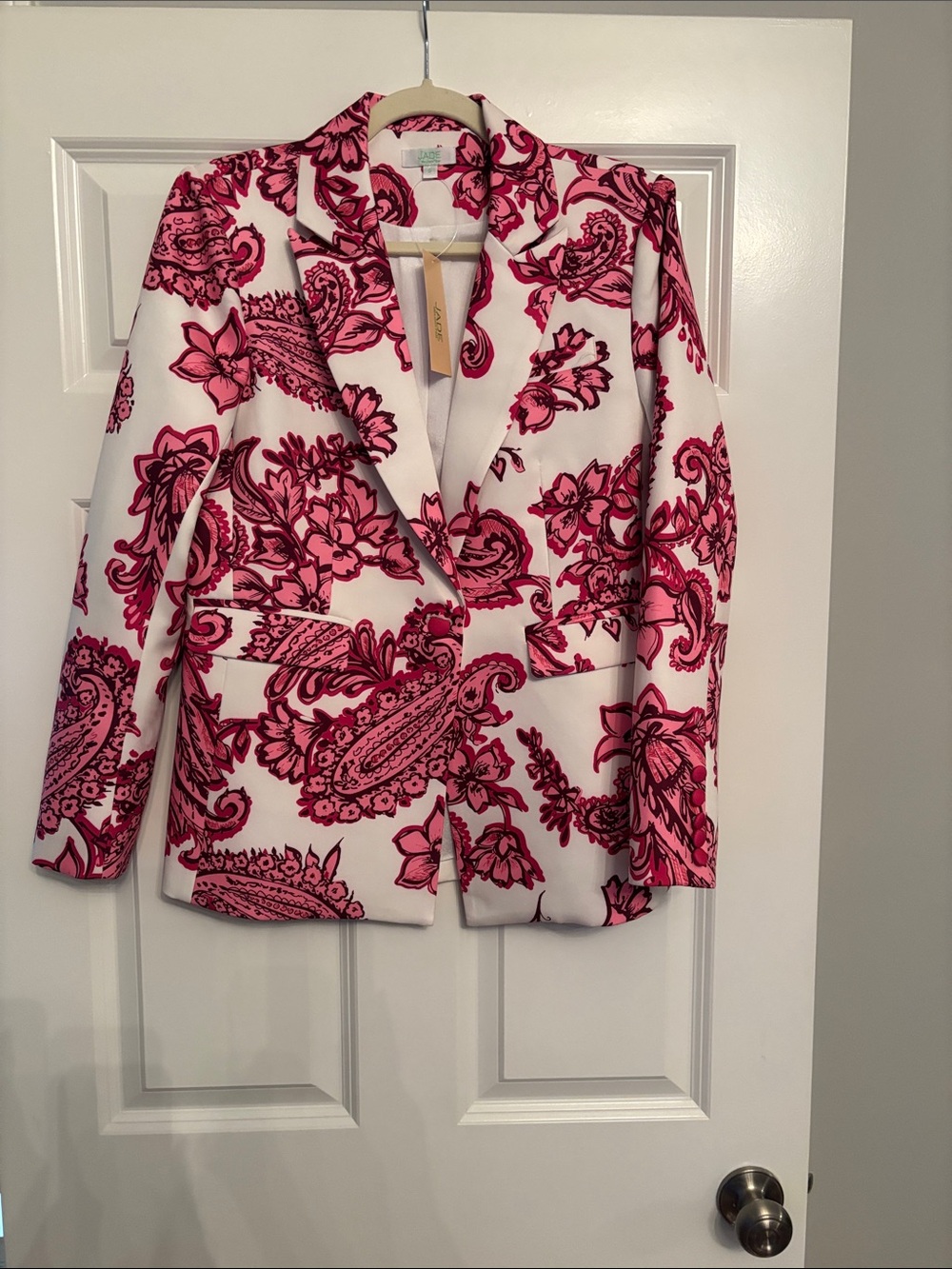 Jade White Blazer with Pink Paisley Floral Print